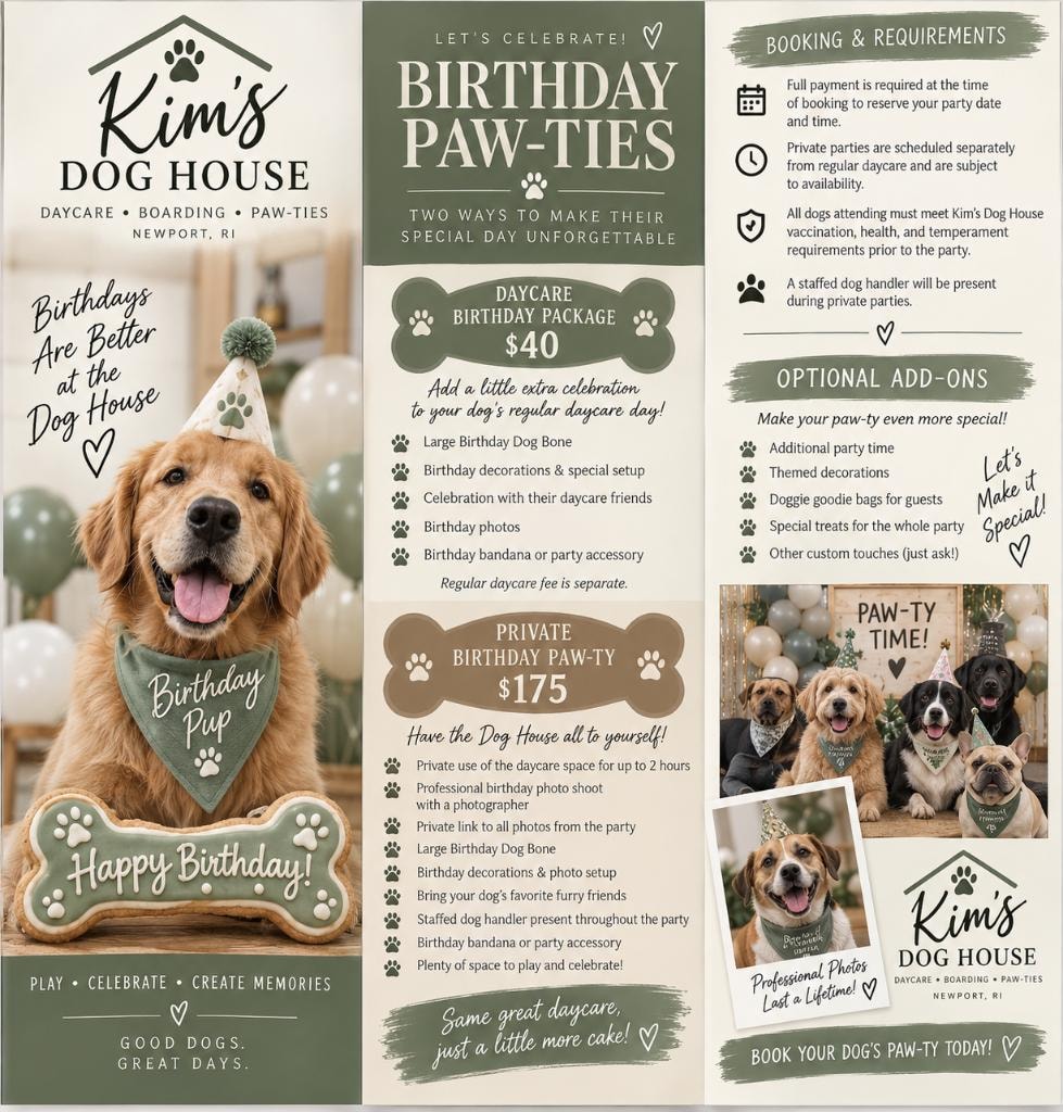 Birthday Paw-Ties flyer showing packages and pricing