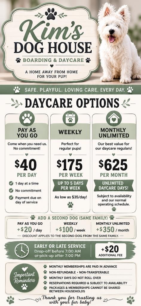 Kim's Dog House daycare options and package pricing