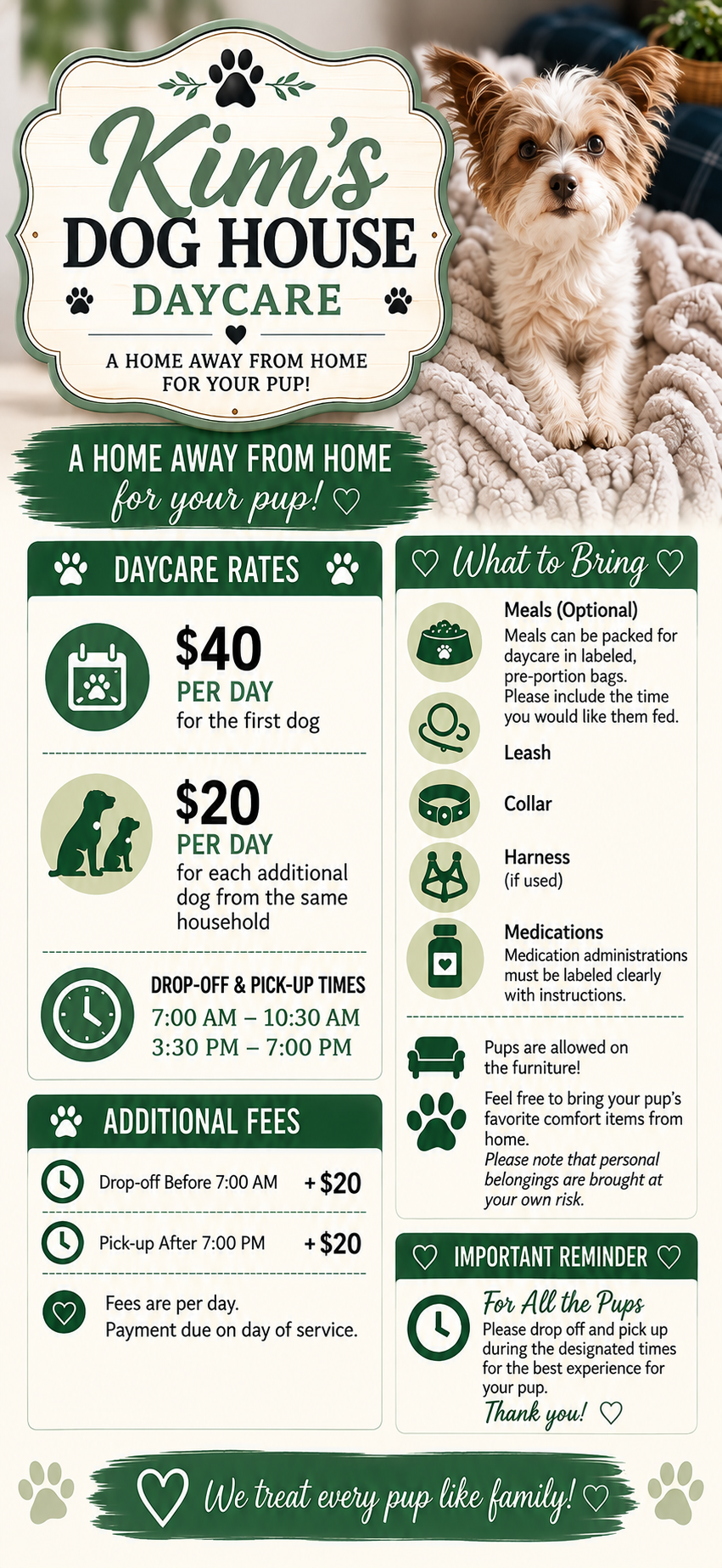 Kim's Dog House daycare rates, hours, and required items